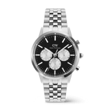 Iconic Chronograph Arch 5-Link Onyx Panda Silver men's watch featuring a black dial with white sub-dials, polished and brushed stainless steel five-link bracelet, and minimalist silver finish.