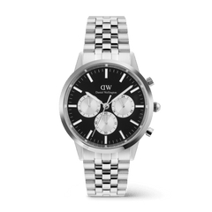 Iconic Chronograph Arch 5-Link Onyx Panda Silver men's watch featuring a black dial with white sub-dials, polished and brushed stainless steel five-link bracelet, and minimalist silver finish.