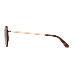 Side view of Arch Steel Brown Rose Gold sunglasses showing the slim rose gold plated stainless steel arm with Daniel Wellington branding and tortoiseshell acetate temple tip.