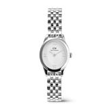 Ophelia Mini Silver watch featuring a petite oval case, polished silver 5-link bracelet, and a white sunray dial with silver Roman numerals, designed for everyday comfort and timeless style.