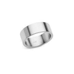 Wide brushed silver ring with a minimalist design, featuring a smooth inner curve and subtle satin finish, crafted from durable stainless steel.