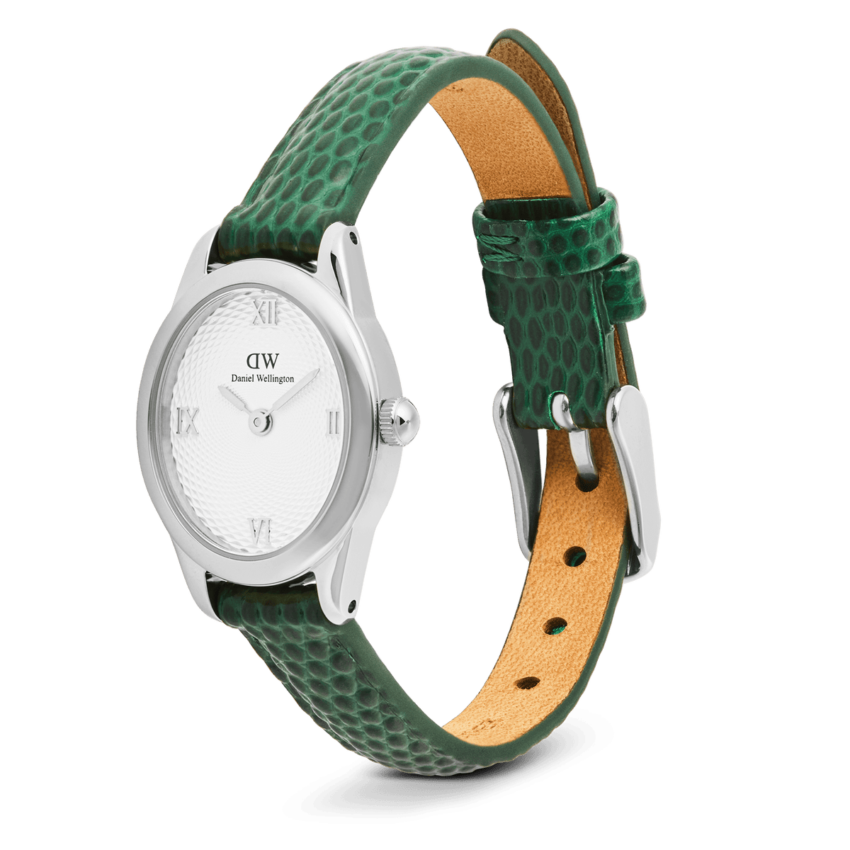 Daniel Wellington Ophelia Mini Green Lizard White Guilloché Silver watch featuring a petite oval silver case, textured white dial with Roman numerals, and a green lizard-embossed leather strap with a pin buckle closure.