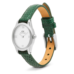 Daniel Wellington Ophelia Mini Green Lizard White Guilloché Silver watch featuring a petite oval silver case, textured white dial with Roman numerals, and a green lizard-embossed leather strap with a pin buckle closure.