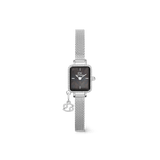 Silver ladies watch with a rectangular crystal-framed case, black mother of pearl dial, and an adjustable mesh strap, featuring a detachable zodiac charm with crystal accents.