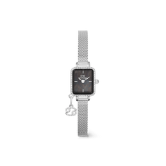Silver ladies watch with a rectangular crystal-framed case, black mother of pearl dial, and an adjustable mesh strap, featuring a detachable zodiac charm with crystal accents.