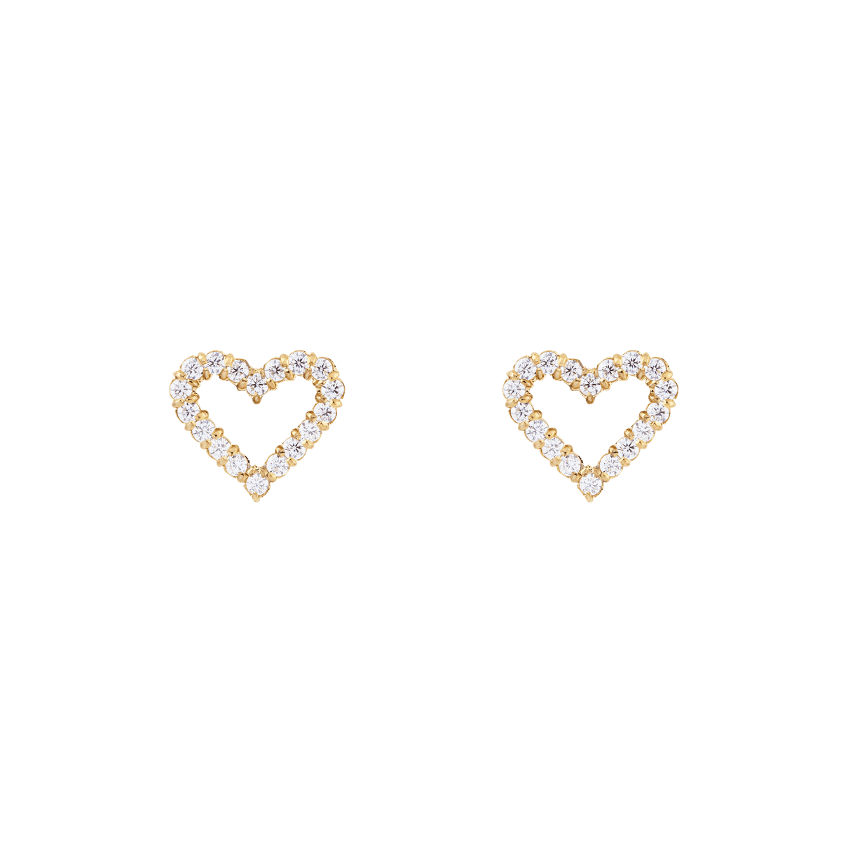 A pair of Mirelle Heart Earring Gold stud earrings featuring open heart shapes outlined with sparkling white cubic zirconia crystals and a polished gold finish.