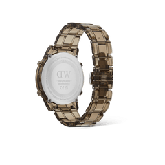 Rear view of the Daniel Wellington Retro Digital Dark Brown Dark Brown watch, showing the engraved stainless steel case back and transparent dark brown link strap.