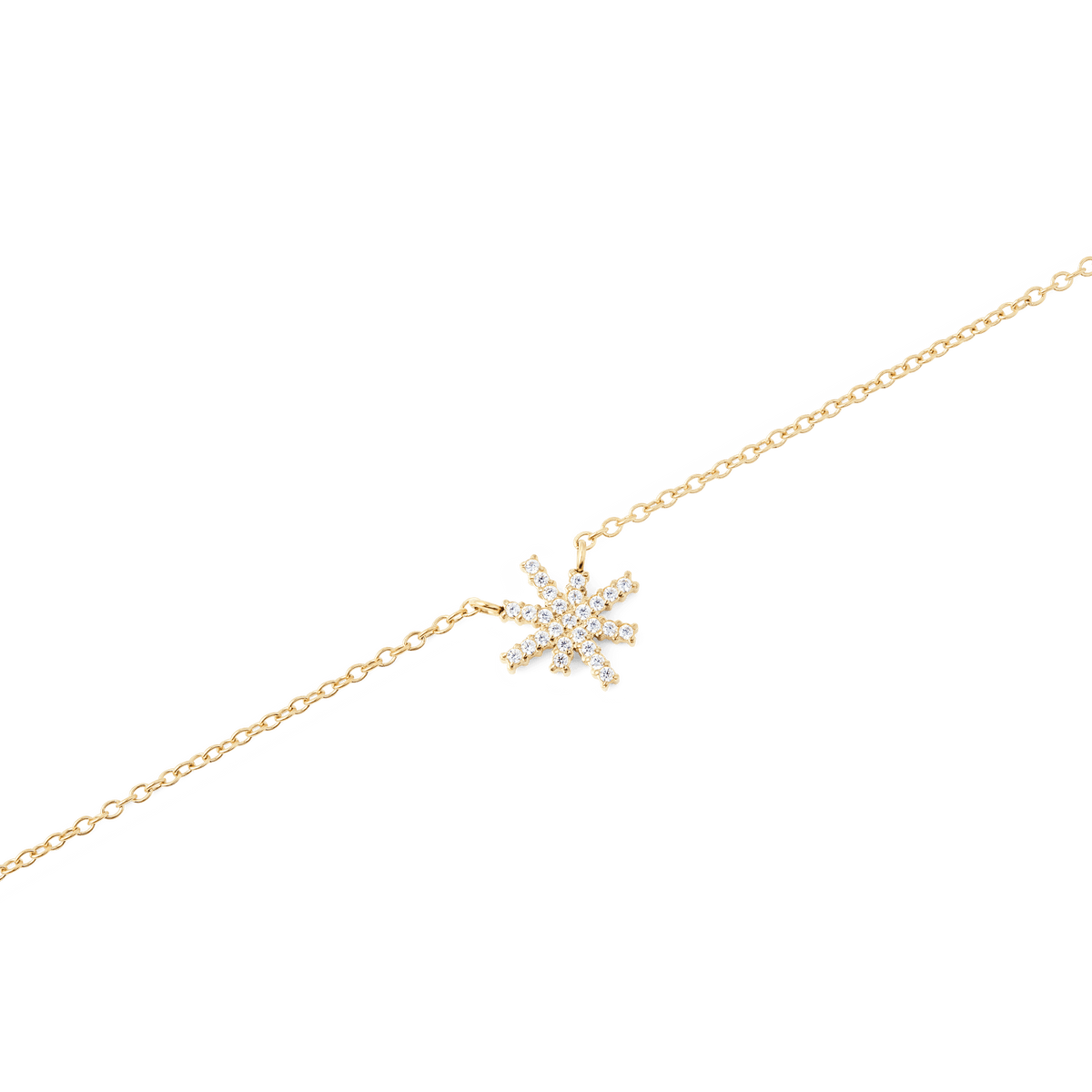 Close-up of the Mirelle Star Necklace Gold, showing a fine gold chain with a star-shaped pendant encrusted with white cubic zirconia crystals.
