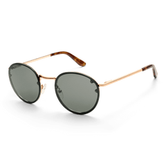 Arch Steel Green Rose Gold sunglasses featuring round green UV400 lenses, a rose gold plated stainless steel frame, and tortoiseshell acetate temple tips, shown from a side angle to highlight their modern classic design.