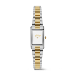 Bound Mini 3-Link Two Tone Gold ladies watch featuring a rectangular white dial, gold and silver 3-link bracelet, and minimalist gold accents, ideal for everyday wear and stacking with other jewellery.