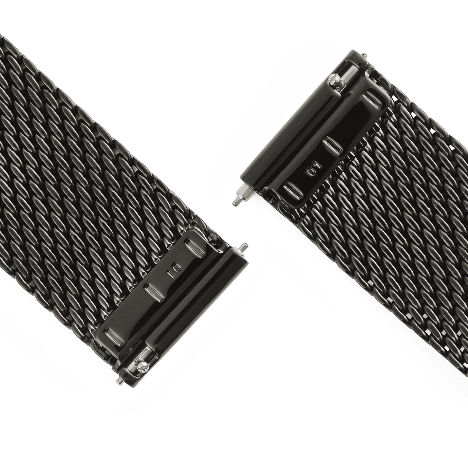 Close-up of the Graphite Mesh Strap showing the quick-release spring bars and fine woven stainless steel mesh in a deep graphite finish, designed for easy adjustment and a secure fit.