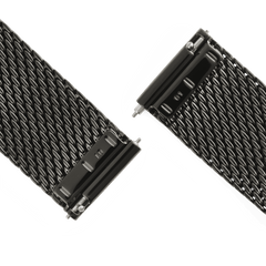 Close-up of the Graphite Mesh Strap showing the quick-release spring bars and fine woven stainless steel mesh in a deep graphite finish, designed for easy adjustment and a secure fit.