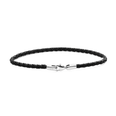 Slim black braided leather bracelet with a polished silver stainless steel clasp, showcasing a minimalist and refined design suitable for everyday wear.