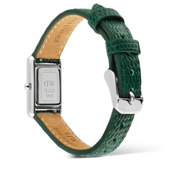 Rear view of the Bound Mini Green Lizard Silver watch showing the engraved stainless steel case back, textured green leather strap, and polished silver pin buckle with tan leather lining.