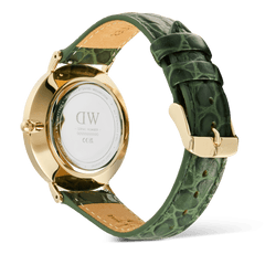 Rear view of the Classic Roman Numerals Date Dark Green Croc Belly Gold watch, showing the gold-plated stainless steel case, engraved case back, and green crocodile-embossed leather strap with gold buckle.