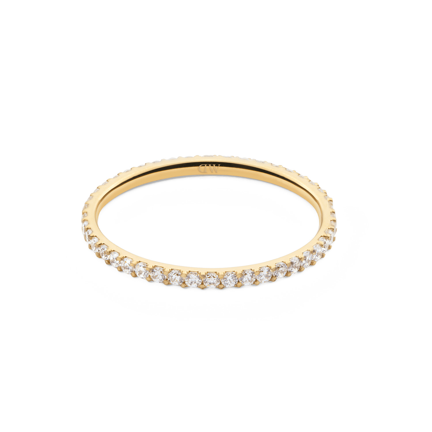 The Mirelle Eternity Ring Gold 1.4 mm displays a slim gold band with a continuous circle of white cubic zirconia crystals, offering a timeless and versatile jewellery option.