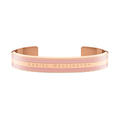 Emalie Bracelet Dusty Rose Rose Gold showcases a wide cuff in soft pink enamel paired with rose gold stainless steel, featuring the Daniel Wellington logo for a modern, minimalist jewellery look.