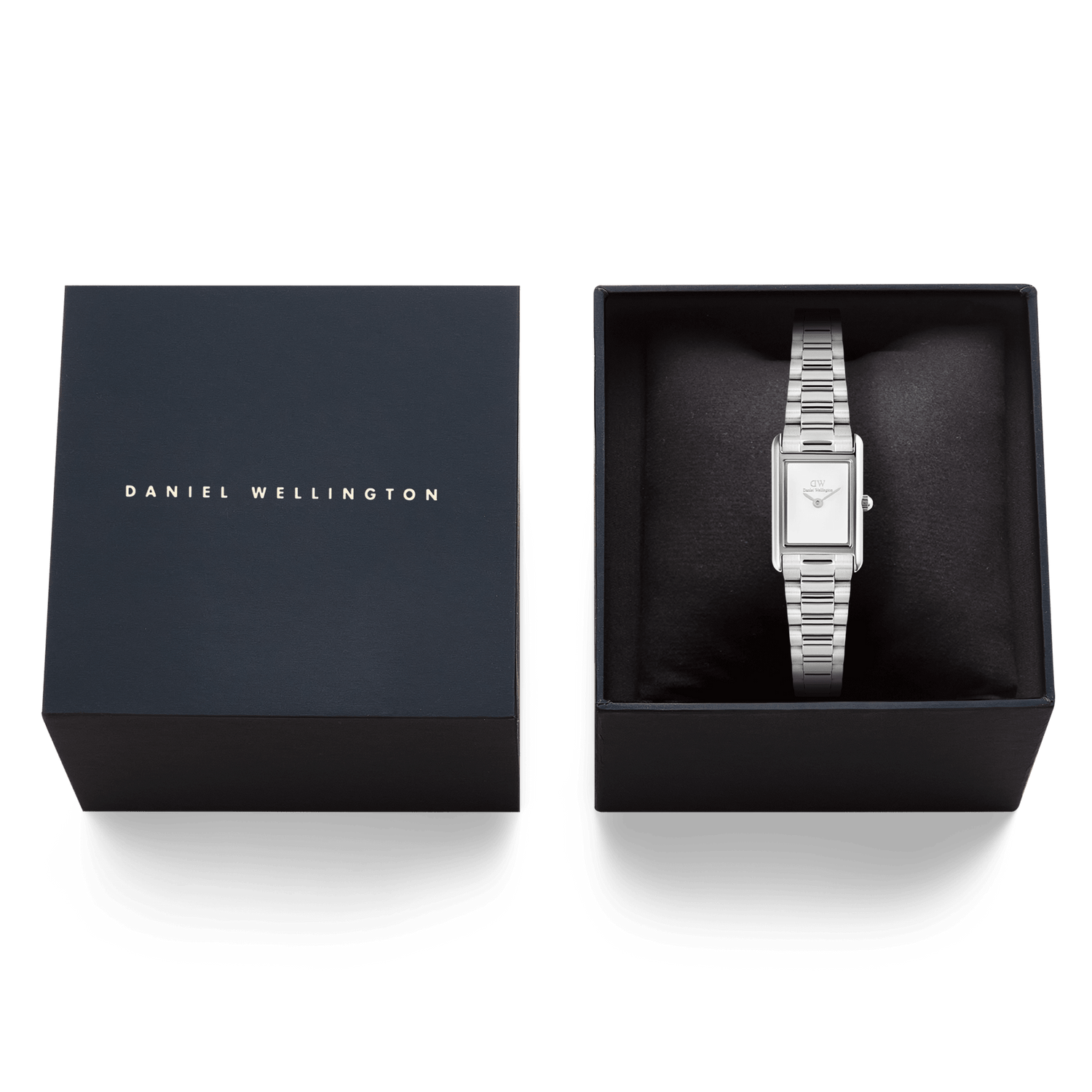 Daniel Wellington Bound Mini 3-Link Silver watch with a rectangular case and silver bracelet, elegantly presented in a black branded gift box, ideal for gifting or special occasions.