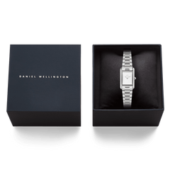 Daniel Wellington Bound Mini 3-Link Silver watch with a rectangular case and silver bracelet, elegantly presented in a black branded gift box, ideal for gifting or special occasions.