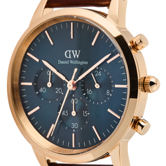 Close-up of the Iconic Chronograph St Mawes Arctic Rg showing the blue sunray dial, three chronograph sub-dials, rose gold case, and detailed hour markers, highlighting its refined design and premium finish.