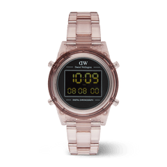 Retro Digital Dark Pink Dark Pink women’s watch featuring a transparent bio-based plastic strap, round black digital dial with yellow display, and minimalist chronograph design.