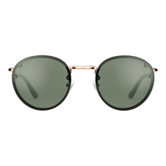Arch Steel Green Rose Gold sunglasses with round green UV400 lenses and a rose gold plated stainless steel frame, featuring minimalist design and adjustable nose pads for comfortable everyday wear.