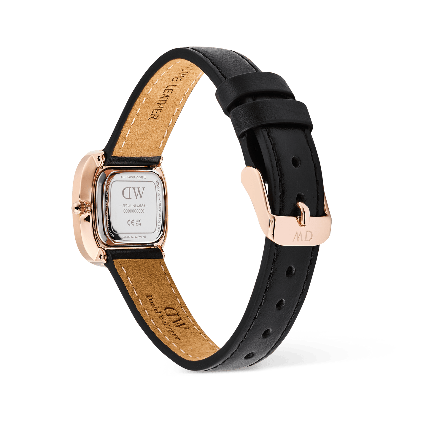 Rear view of the Margot Sheffield Unitone Sunray Rose Gold ladies watch, showing the polished rose gold case back, genuine leather strap, and rose gold pin buckle designed for petite wrists.