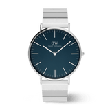 Classic Piano Link Arctic Silver men's watch with a brushed arctic blue dial, minimalist silver hour markers, and a geometric stainless steel piano link strap.