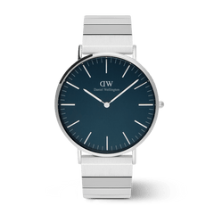 Classic Piano Link Arctic Silver men's watch with a brushed arctic blue dial, minimalist silver hour markers, and a geometric stainless steel piano link strap.