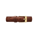 St Mawes Strap Gold in a smaller size, crafted from brown genuine leather with fine stitching and a gold-tone buckle, designed as a refined replacement watch strap for Daniel Wellington watches.
