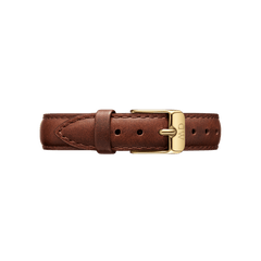 St Mawes Strap Gold in a smaller size, crafted from brown genuine leather with fine stitching and a gold-tone buckle, designed as a refined replacement watch strap for Daniel Wellington watches.
