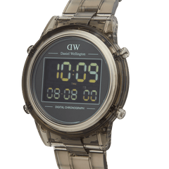 Retro Digital Light Grey Light Grey watch featuring a transparent light grey link strap, round case, and clear digital display with chronograph and dual time functions, shown from a side angle.