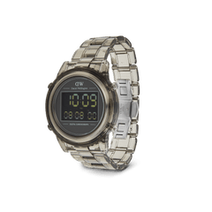 Retro Digital Light Grey Light Grey watch with a transparent light grey link strap, round case, and digital display featuring chronograph and dual time functions, shown at an angle to highlight the butterfly buckle and stainless steel details.