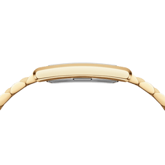 Side profile of the Bound 3-Link Gold watch showing its slim rectangular gold case and seamless gold bracelet, highlighting the comfortable fit and modern design.