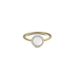 Gold ring with a round mother of pearl centrepiece, surrounded by a halo of white cubic zirconia, set on a slim gold band.
