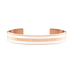 Emalie Bracelet Satin White Rose Gold features a sleek open cuff design with satin white enamel and rose gold plating, engraved with the Daniel Wellington logo for a modern, elegant look.