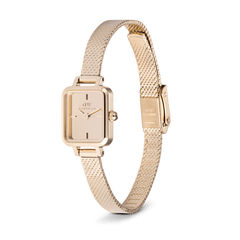 Quadro Mini Reflection Rose Gold ladies watch with a slim rectangular case, mirror-effect dial, and an adjustable rose gold mesh strap, shown from a side angle to highlight its polished finish and delicate design.