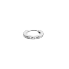 Silver hoop earring featuring a row of sparkling cubic zirconia crystals, crafted from stainless steel with a secure clasp and minimalist design.