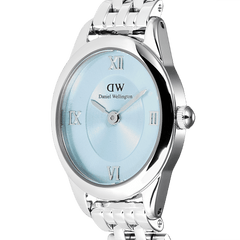 Close-up of the Ophelia Mini Ice Blue Silver watch, highlighting the oval polished silver case, ice blue sunray dial with silver Roman numerals, and the elegant 5-link stainless steel bracelet.