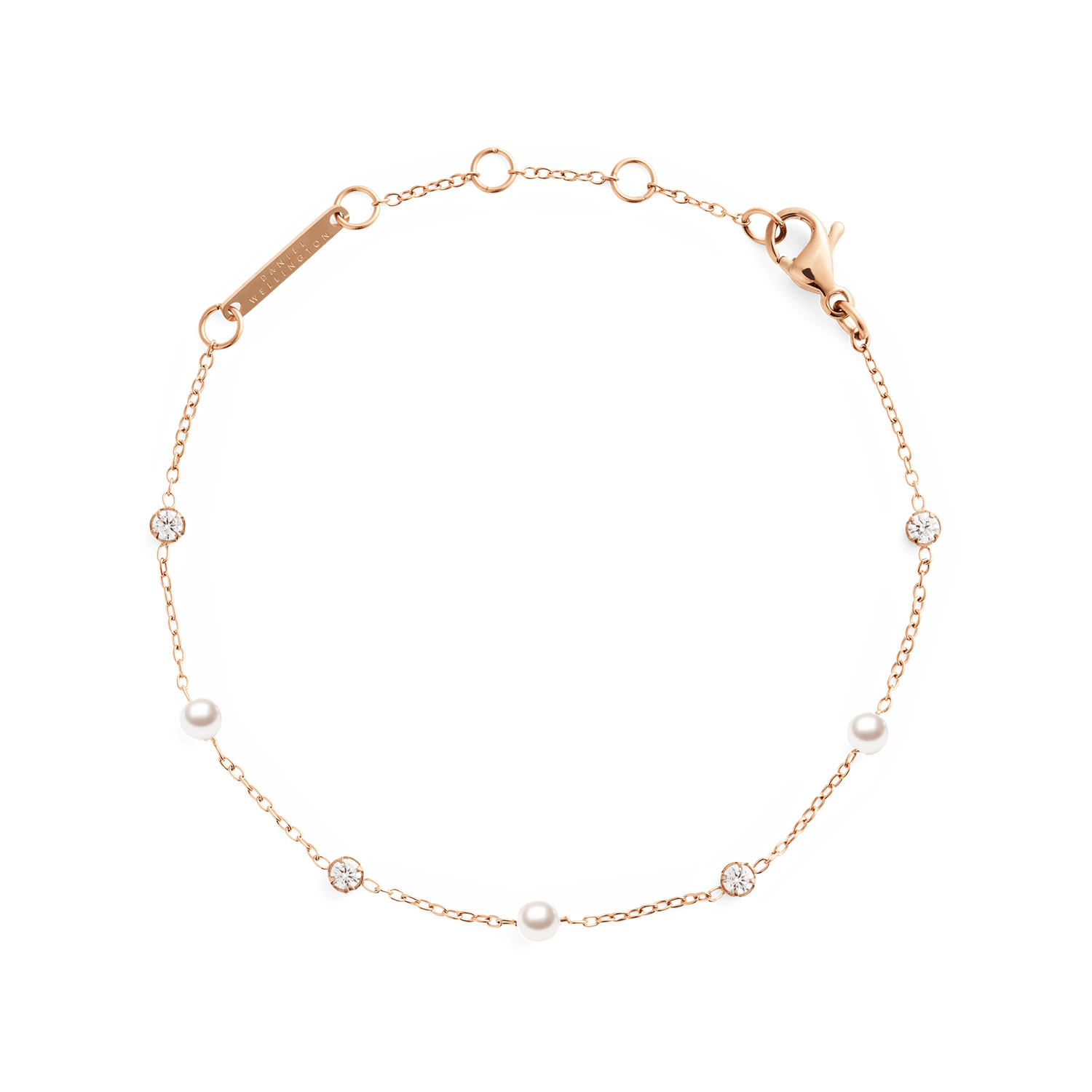 Delicate rose gold bracelet featuring alternating Swarovski glass pearls and cubic zirconia stones on a fine chain, designed with an adjustable clasp for a comfortable fit.