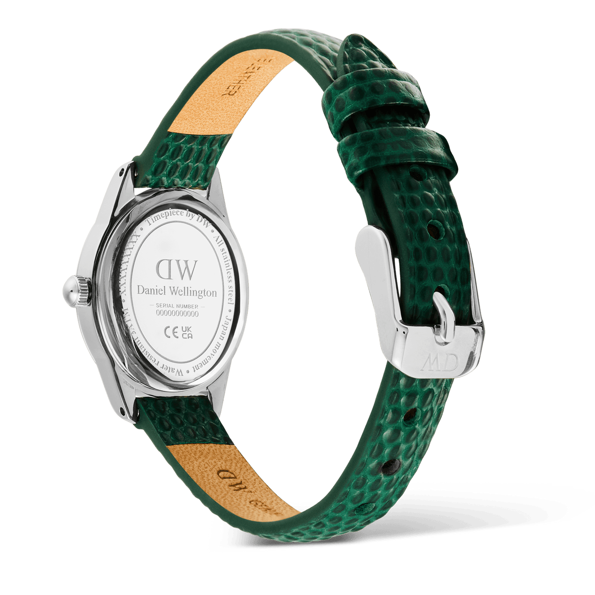 Back view of the Daniel Wellington Ophelia Mini Green Lizard White Guilloché Silver watch, highlighting the engraved stainless steel case back and the green lizard-embossed leather strap with a silver pin buckle.