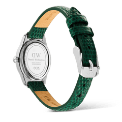 Back view of the Daniel Wellington Ophelia Mini Green Lizard White Guilloché Silver watch, highlighting the engraved stainless steel case back and the green lizard-embossed leather strap with a silver pin buckle.