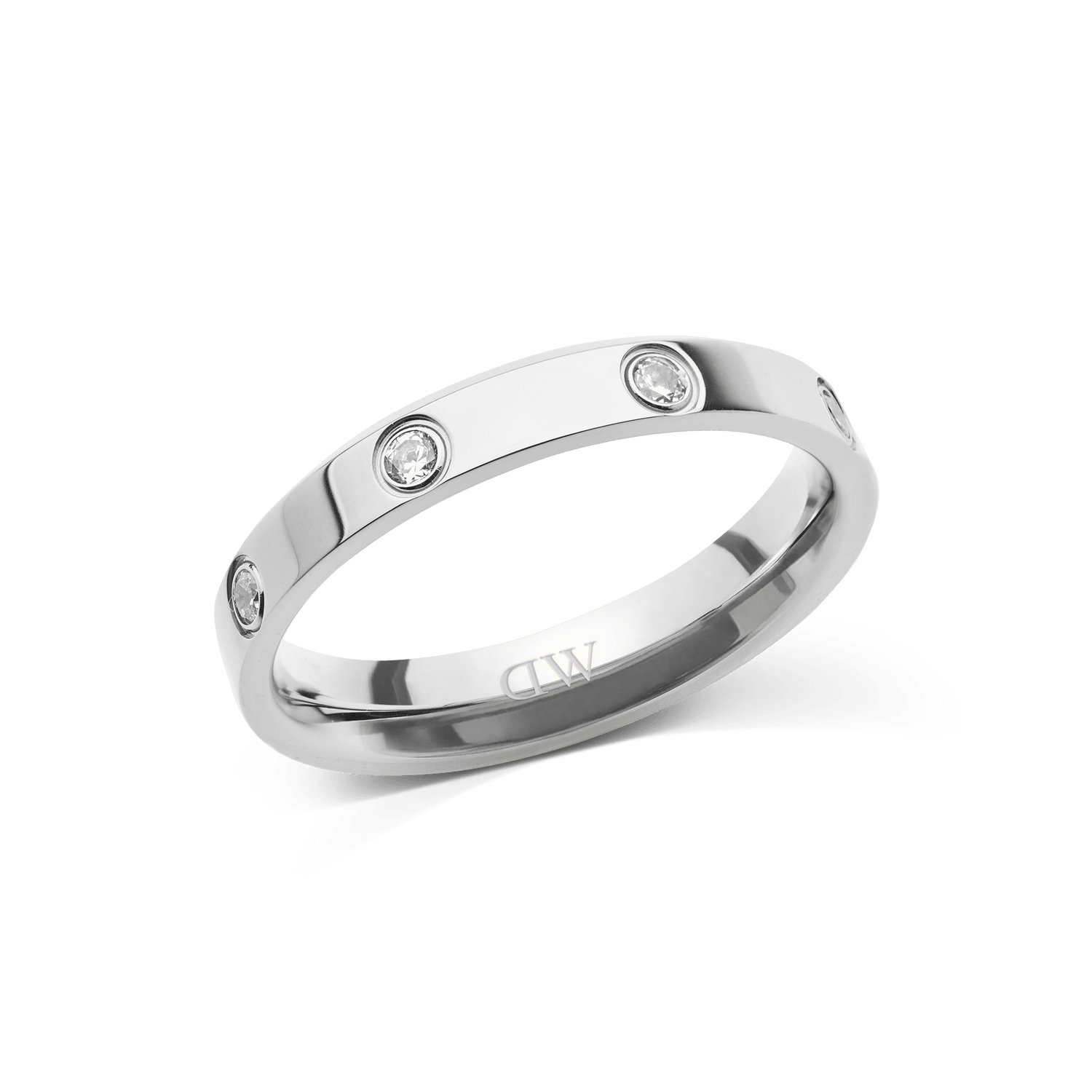 Polished silver ring with a 4 mm band, featuring eight evenly spaced cubic zirconia stones set into the surface for a refined, modern look.