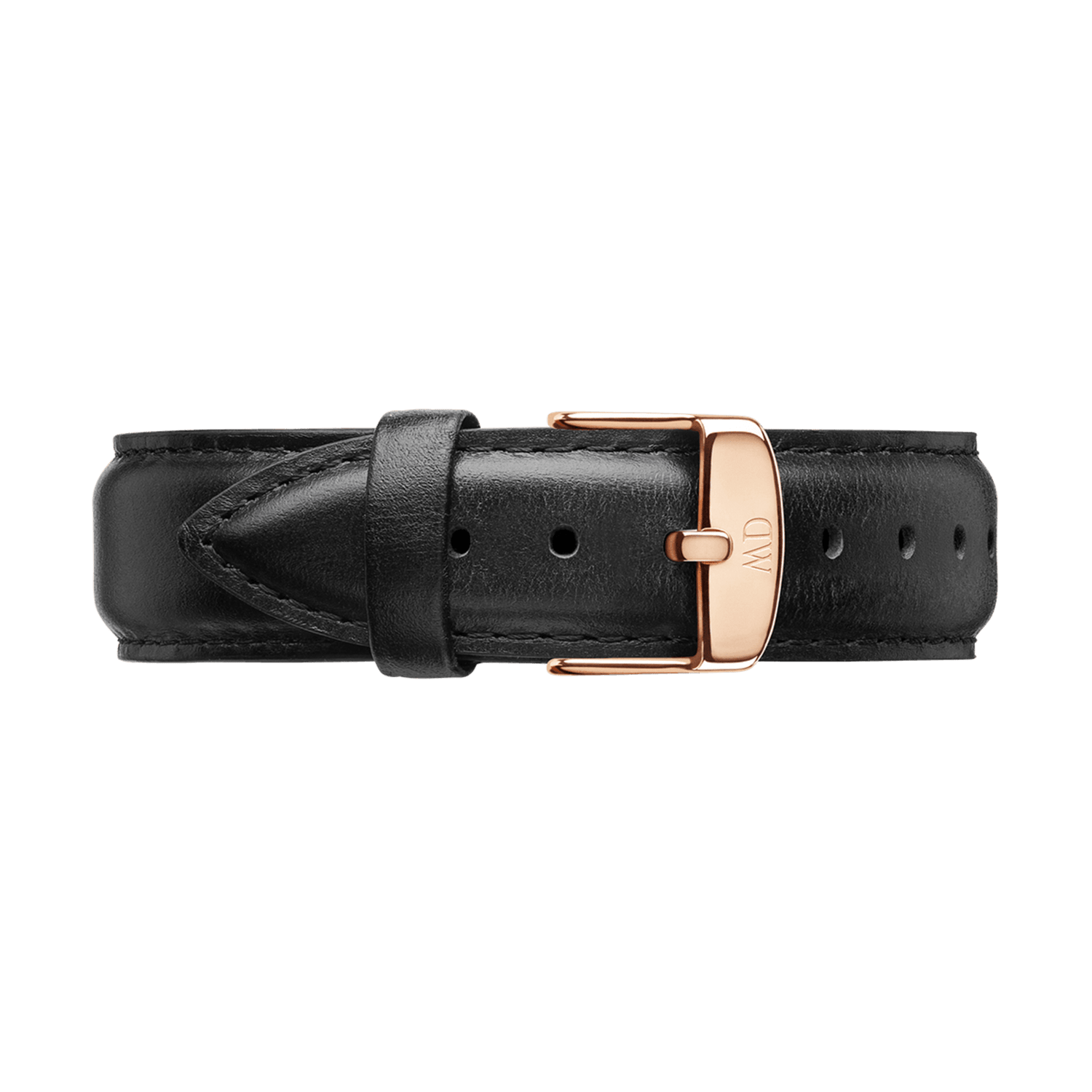 Sheffield Strap Rose Gold in smooth black leather with detailed stitching and a rose gold buckle, designed to fit a variety of watch faces for a classic and modern upgrade.