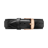 Sheffield Strap Rose Gold in smooth black leather with detailed stitching and a rose gold buckle, designed to fit a variety of watch faces for a classic and modern upgrade.