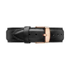Sheffield Strap Rose Gold in smooth black leather with detailed stitching and a rose gold buckle, designed to fit a variety of watch faces for a classic and modern upgrade.