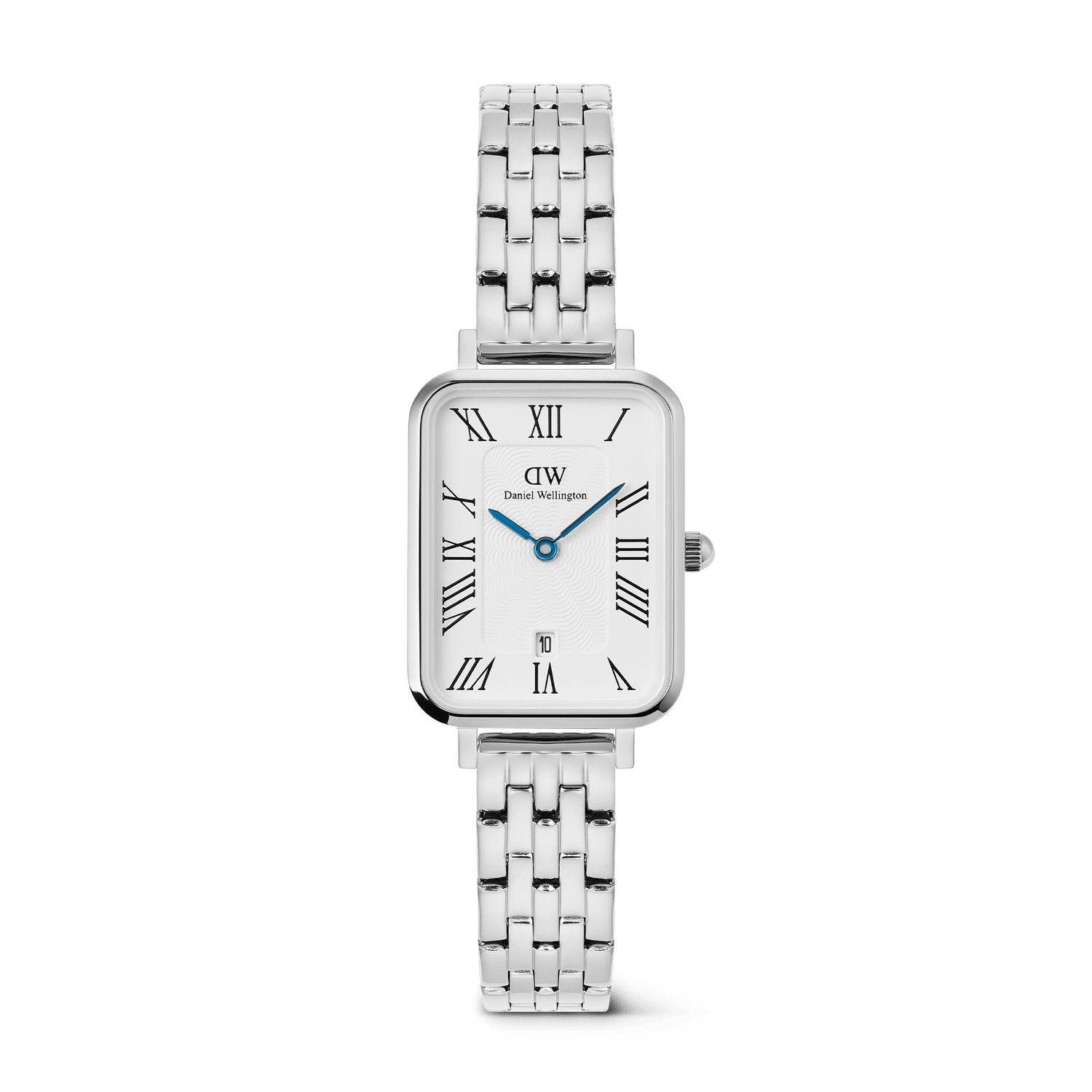 Elegant Quadro Roman Numerals Date 5-link Silver watch with a rectangular 20x26mm stainless steel case, polished silver bracelet, white dial featuring bold Roman numerals, blue hands, and a date window at 6 o’clock.