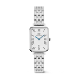 Elegant Quadro Roman Numerals Date 5-link Silver watch with a rectangular 20x26mm stainless steel case, polished silver bracelet, white dial featuring bold Roman numerals, blue hands, and a date window at 6 o’clock.