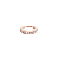 Crystal Hoop Earring Rose Gold with a row of cubic zirconia crystals set along the front of a petite rose gold hoop, highlighting its minimalist and elegant design.