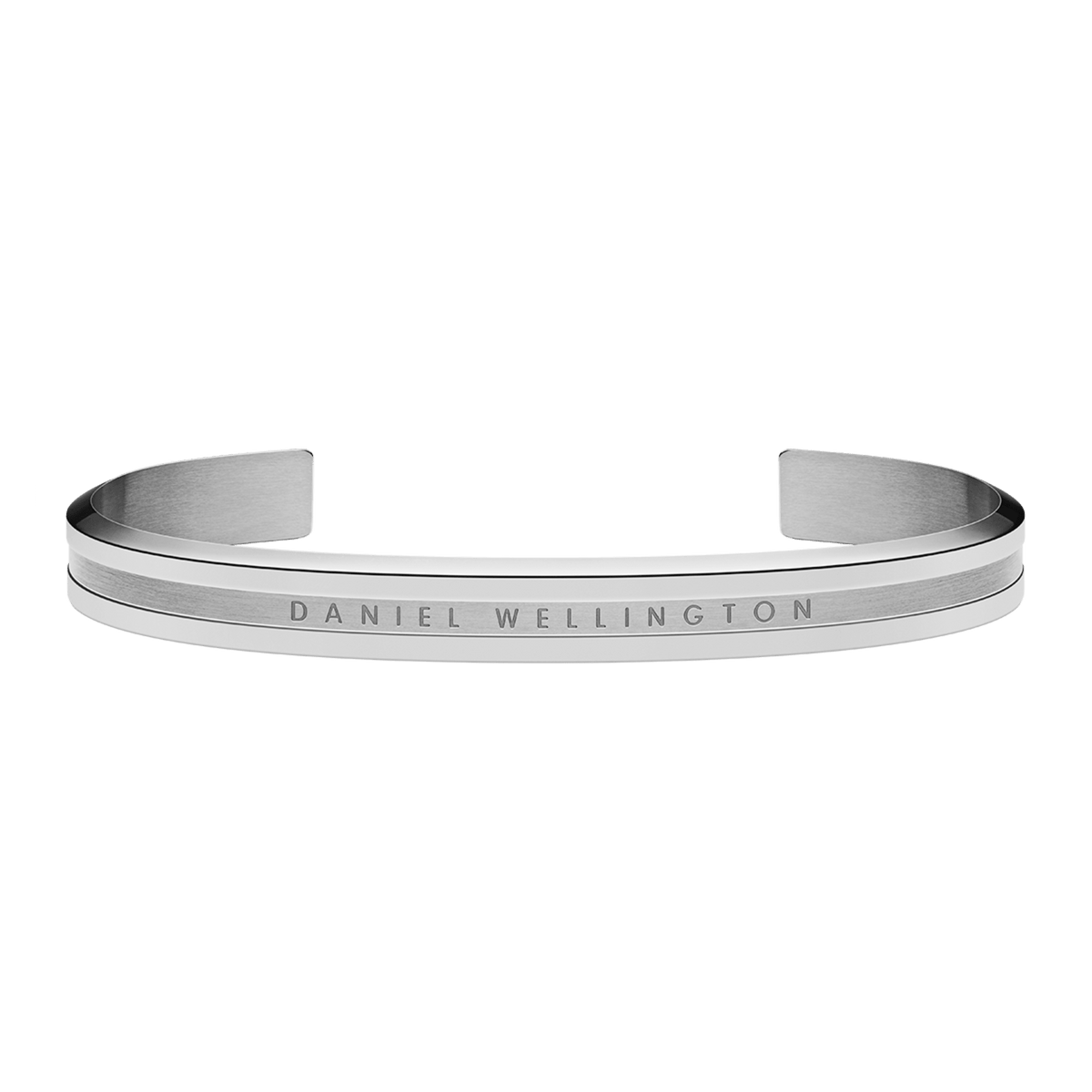 Polished Elan Bracelet Silver with a minimalist open cuff design, crafted from stainless steel and featuring the Daniel Wellington logo engraved on a brushed band.